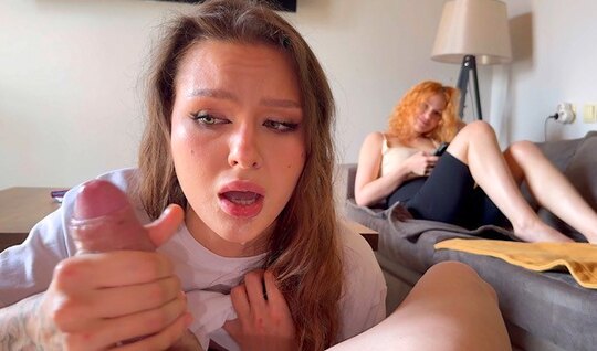 The girl actively makes a blowjob boyfriend of her girlfriend