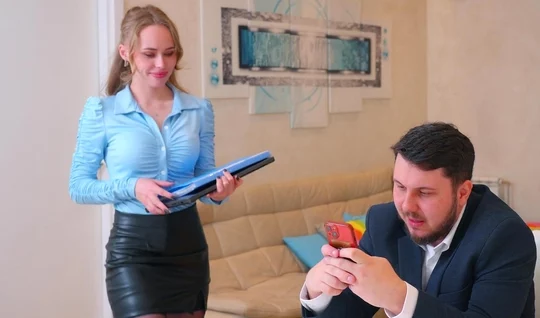 Russian secretary in stockings serves a member of the head of the house